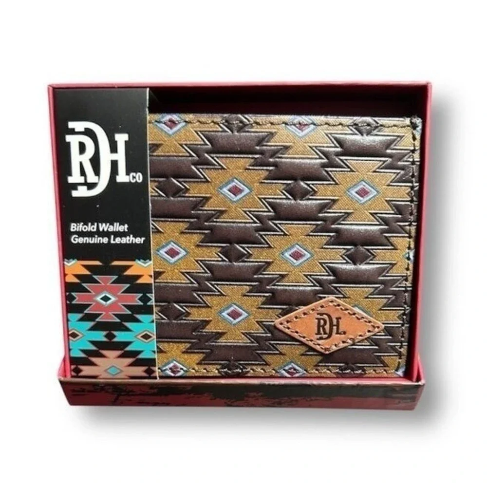 New Red Dirt Hat Co Genuine Leather Aztec Western Bifold Slim Wallet Brown Rodeo